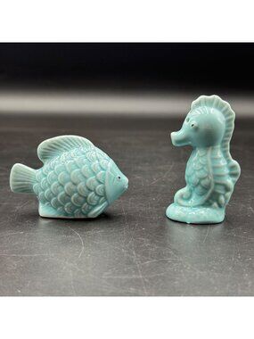 Vintage Blue Porcelain Marine Life Salt & Pepper Shaker Set Nautical Ceramic